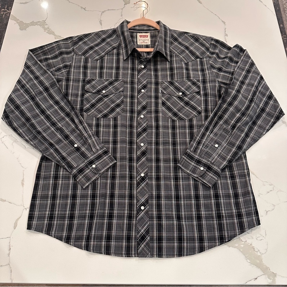 Levis Red Tab Mens Plaid Pearl Snap Shirt Sz XL Black Gray Plaid Cowboy Western